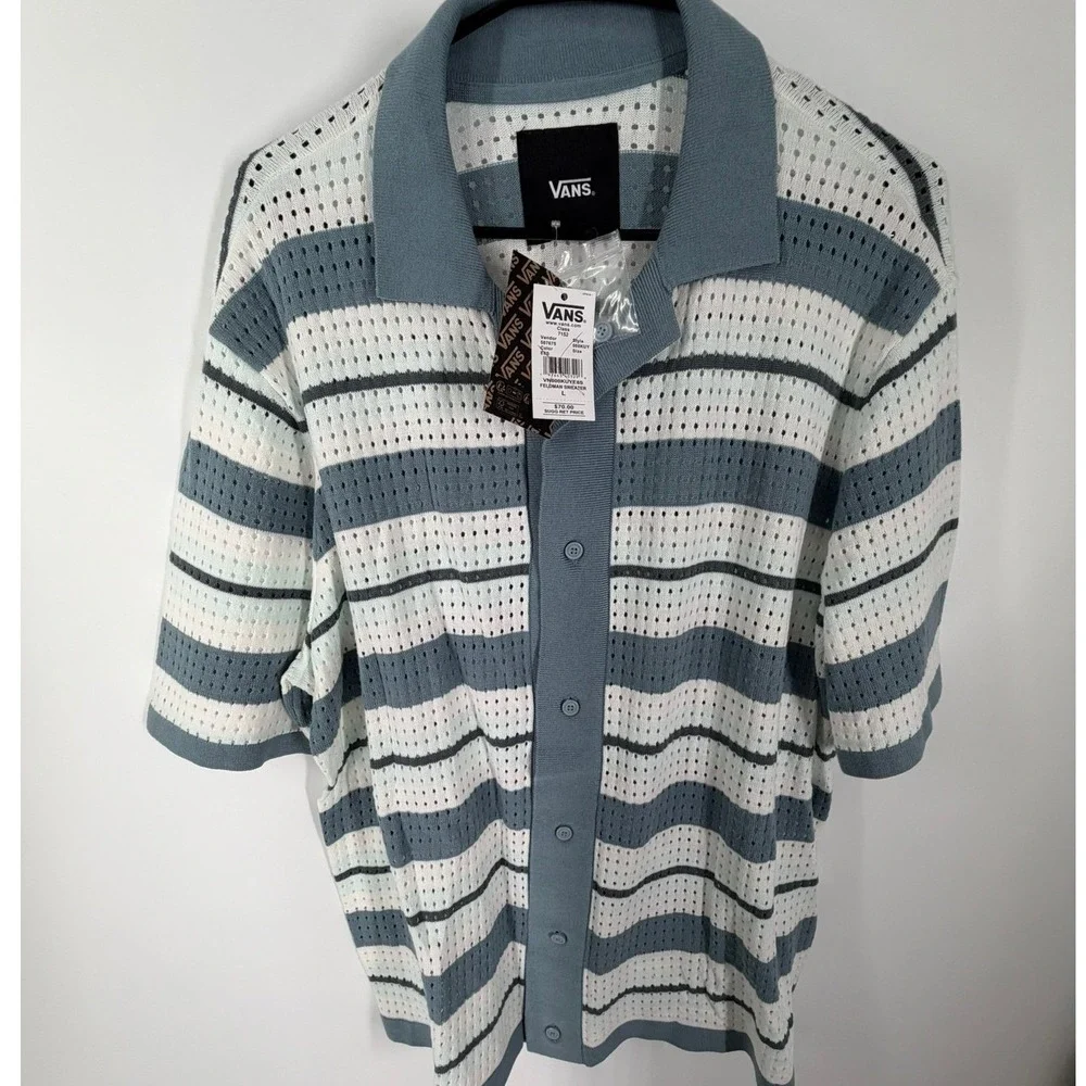 Vans Feldman Sweater Shirt Polo Mens Large Blue White Striped Open Knit NWT